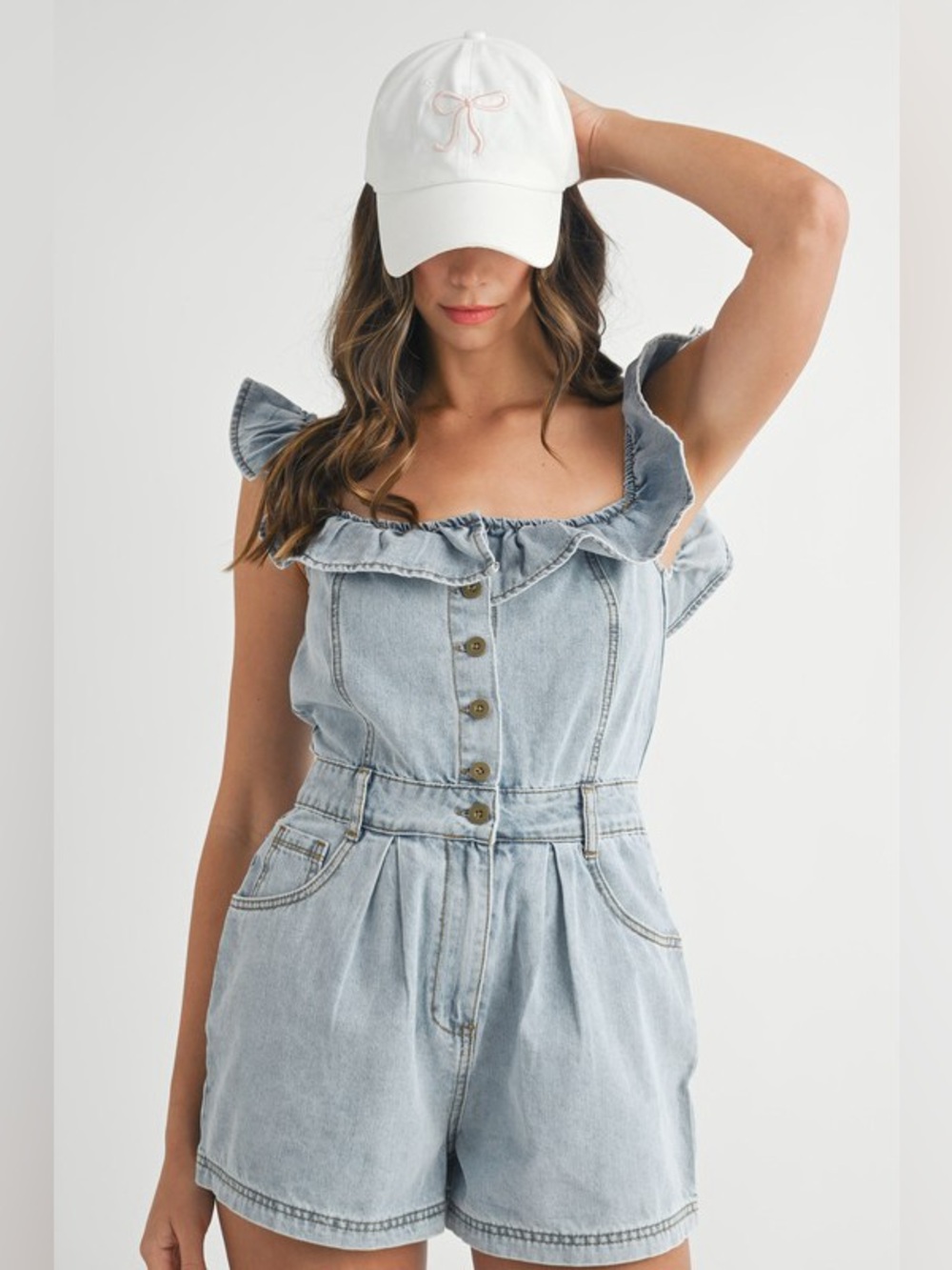 MABLE Off Shoulder Ruffle Detail Denim Romper - Picture 12 of 14